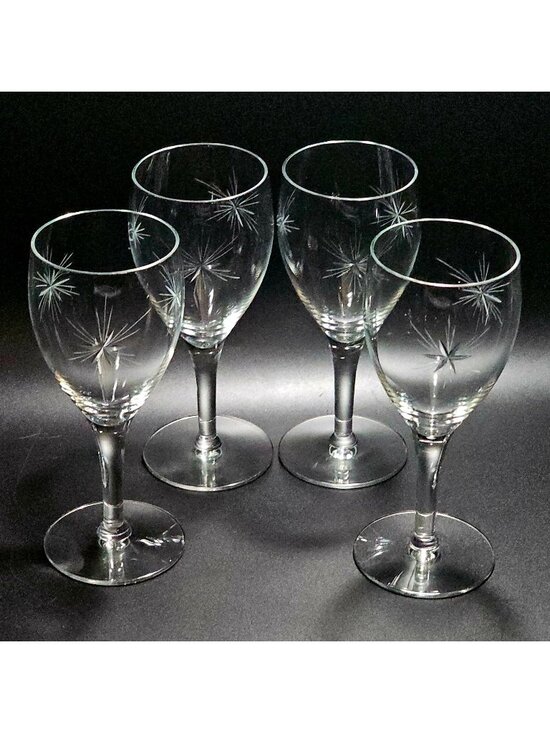 None Other - 4 Vintage Starburst Wine Glasses 7" etched water goblets cut glass six point sta